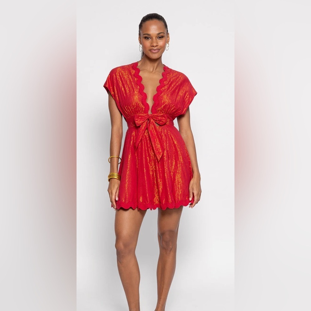 NWT Sundress NORA SHORT Red and Gold Scalloped Resort Dress